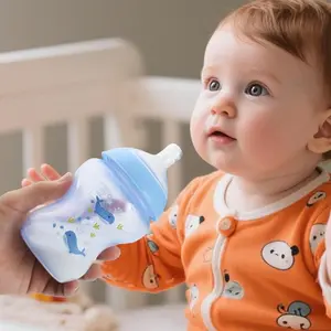 260ML/150ML Baby Bottles with Cute Character Prints, Easy to Clean with Double Handle, Blue Colors, Perfect for Feeding Newborn