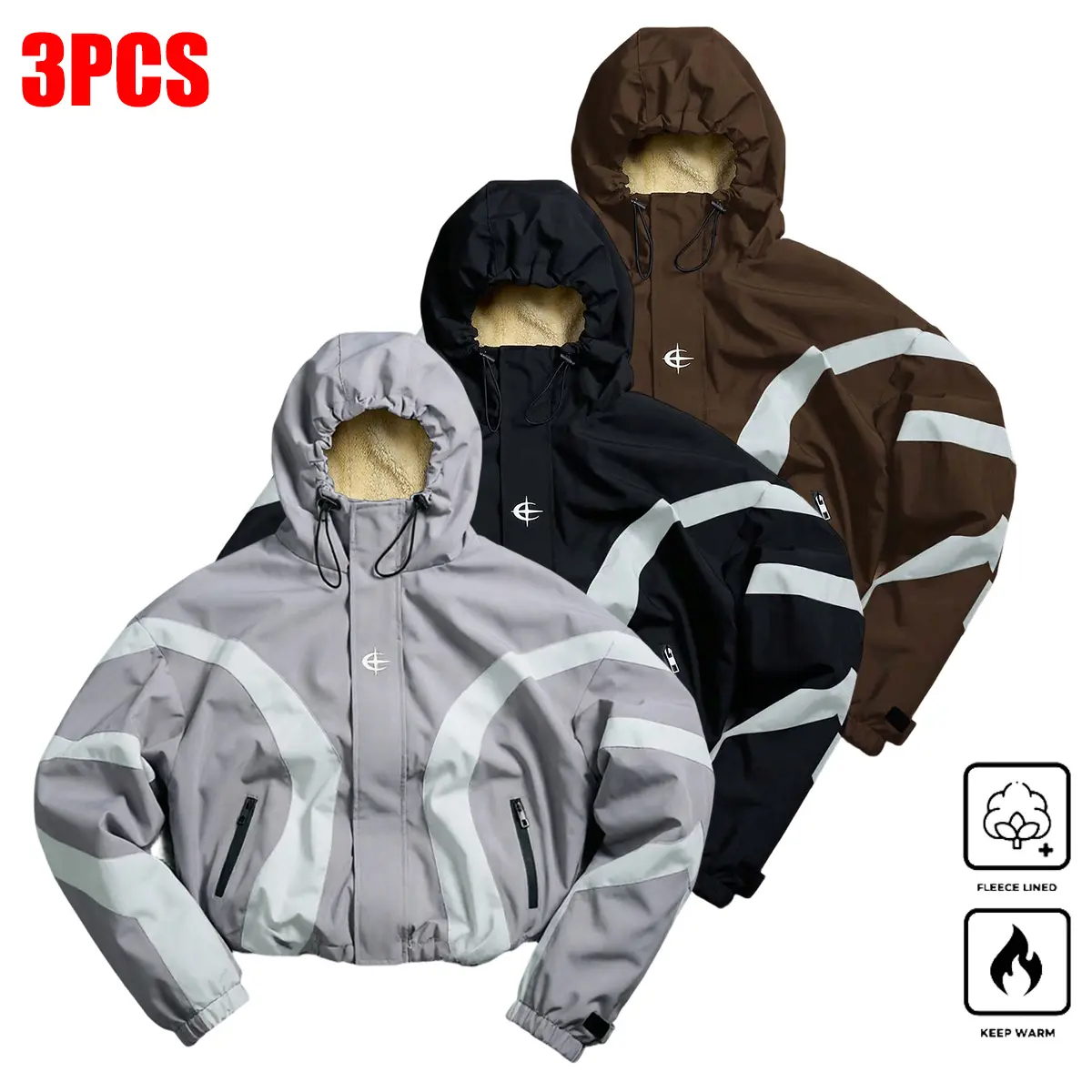 Men's 3Pcs Fleece-Lined Hooded Longsleeves Jackets - Colorblock Polyester Menswear Outdoor Outerwear with Zippered Pockets, Hood Drawstring, for Casual & Athletic Autumn/Winter Tops