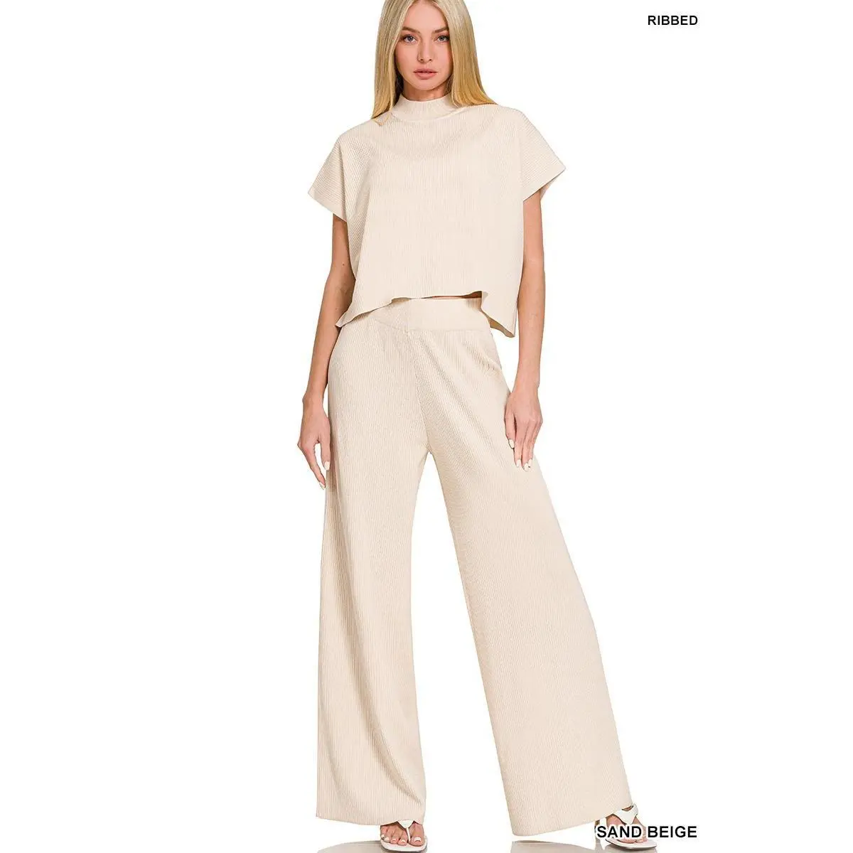 Viscose Sweater Short Sleeve Top & Pants Set - Sand Beige - by Zenana