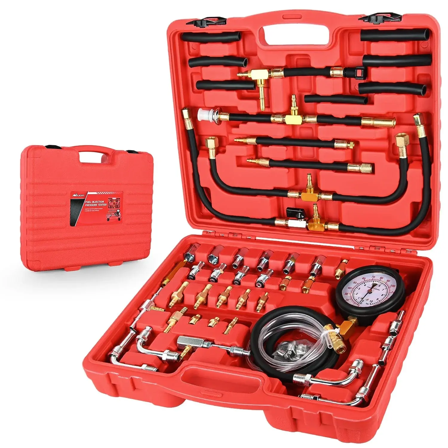 Nilight 48-Piece Brass Alloy Fuel Pressure Tester Kit - 0-140 PSI Fuel Injection Pump Gauge, Petrol Engine Diagnostic Tool with Built-in Release Valve, Dual-Color-Coded Hoses, Complete Adapters & Fittings, Vehicle Maintenance Tool, Complete Set Of Adapter