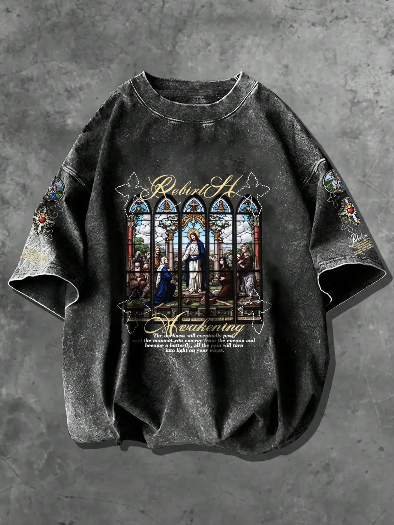 American Vintage Church Glass Washed Graphic T-Shirt, Heavyweight Cotton, High-Definition Print, Loose Fit, Casual Streetwear, Fashion, Breathable, Alternative, Man