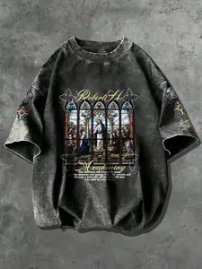 American Vintage Church Glass Washed T-Shirt, Heavyweight Cotton, High-Definition Print, Loose Fit, Casual Streetwear, Fashion, Breathable