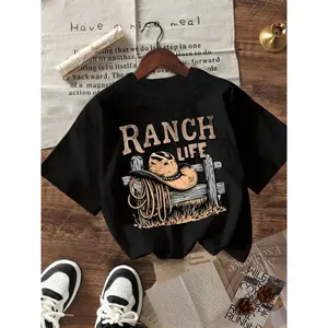 Western Retro "ranch Life" Cowboy Hat with Rope Fence Print Print Boys' Short-sleeved T-shirt, Soft and Stretchy Crew Neck Short-sleeved T-shirt for Boys, Best Choice for Summer, Boys' Clothing.