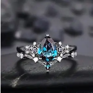 Gothic Black Gold Alexander Pear Shape Engagement Rings 2 Pieces, Suitable for Daily Wear, Engagement, Wedding, Couple Jewelry Accessories