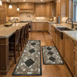 1/2 Piece Vintage Stone Pattern Kitchen Rug Set, Faux Travertine Mosaic Diamond Design Art Mat, Non-Slip Cushioned Comfort Runner for Kitchen Floor, Laundry & Hallway Decor soft stylish home