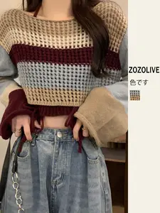 2025 New Summer Short-Style Hollow-Out Long-Sleeve Halter Camisole - High-Waisted Contrast-Color Sexy Crop Top for Women