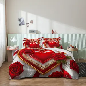 3pcs Valentine'S Day Romantic Heart-Shaped Pattern Duvet Cover Set, Bedding Set, Soft, Comfortable And Decorative Duvet Cover, Suitable For Bedroom, Guest Room （1*Duvet Cover +2*Pillowcase, No Core）