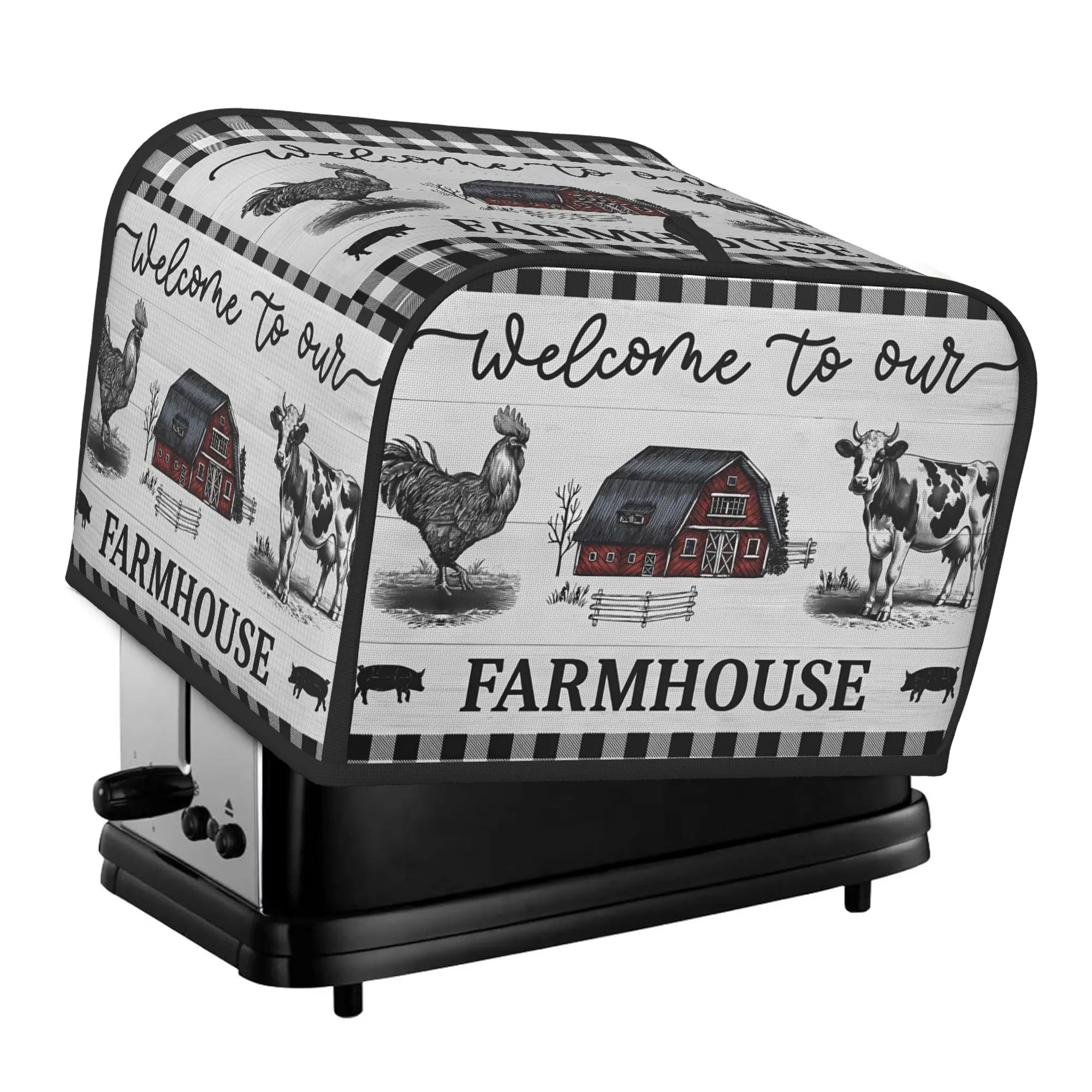 Retro Farmhouse 2-Slice Wide Slot Toaster Cover, Rooster Cow Themed Printed Foldable Set, Washable Dustproof Small Appliance Cover for Kitchen