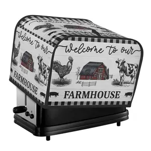 Retro Farmhouse Toaster Cover with Rooster Cow Theme Printed 2-Slice Wide Slot Small Appliance Cover for Kitchen Washable Dustproof