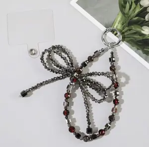 Creative Crystal Bow Beaded Mobile Phone Chain Keychain Small Pendant Women's Fashion Wrist Pendant Beaded Bracelet with Red & Black Beads