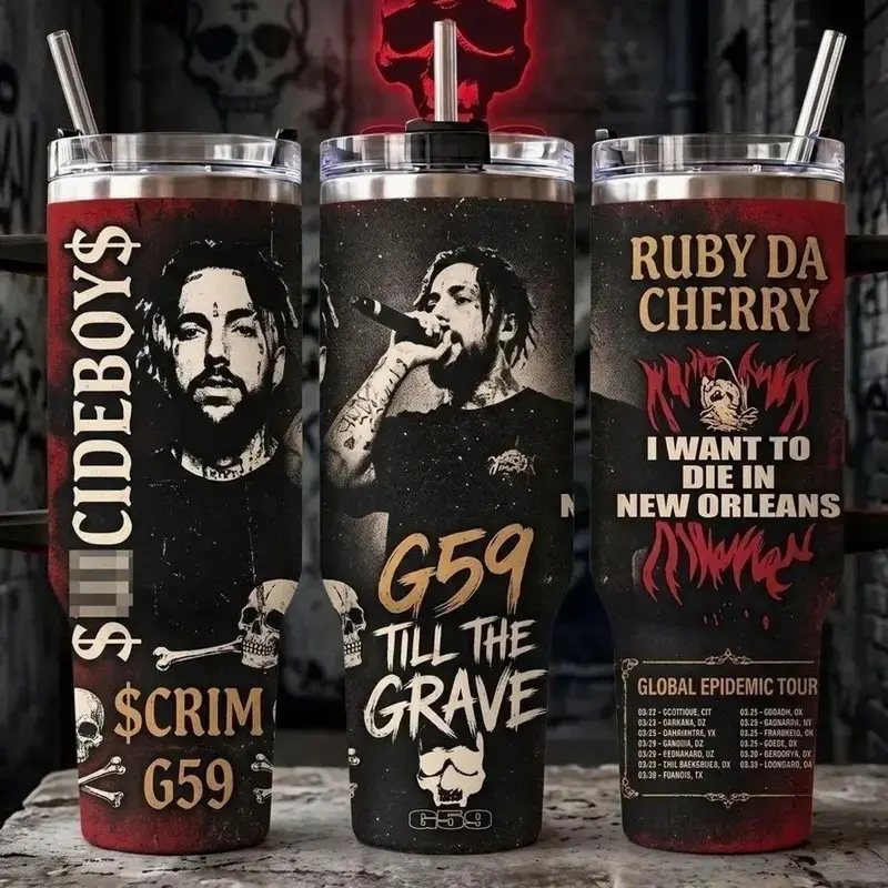 G59 Till The Grave Tumbler 40oz with Handle, $uicideboy$ Ruby Da Cherry Insulated Travel Mug with Straw, $crim IWTDINO Stainless Steel Cup, Hip Hop Rap Merch Gift