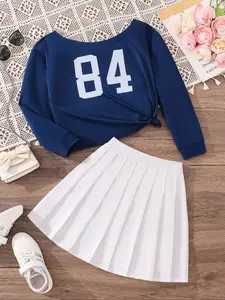 Girls' Asymmetrical Shoulder Print Long Sleeve Top & Pleated Skirt Set, Fashionable Casual for Daily Wear Skirts Sets