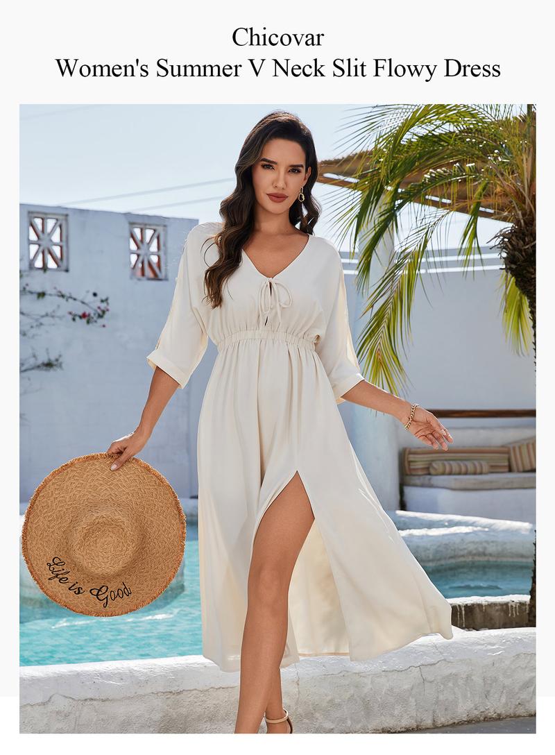 Chicovar Women's Boho V Neck Short Sleeve Maxi Dress with Pockets, Tie Front Button, Elastic Waist Batwing Sleeve Slit Dress for Beach Vacation, Casual Wear, Party & Date, Valentine’s Day