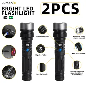 2PCS 1200 Lumen 2-in-1+Power Bank Flashlight，Digital display ofpower, Rechargeable,Zoomable,,X4Waterproof,Adjustable Brightness Flash Light for Outdoor, Emergency,Camping Accessories, Black TikTokShopJumpstartSale