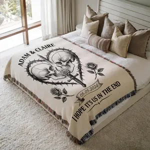 Skeleton Wedding Blanket Cotton Anniversary Gift Couple Woven Throw Bedspread Goth Monochrome Housewarming Gift Newlyweds