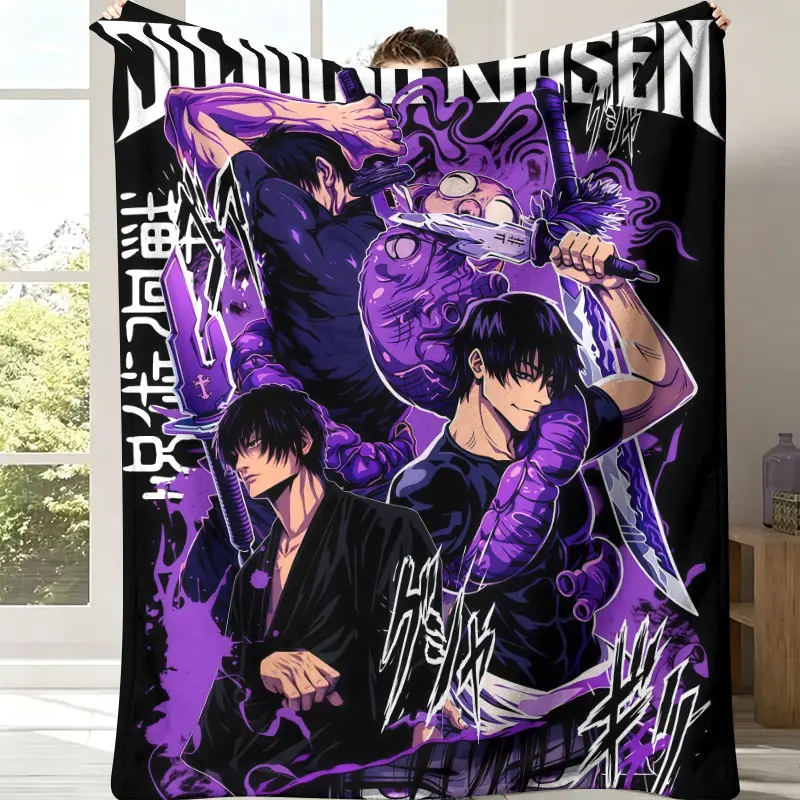 Jujutsu Kaisen Glam Stain Resistant Year-Round Soft Flannel Blanket - All-Over Black Base, Toji Fushiguro Purple Splatter, Cursed Spirit Sword Printed Art, for Sofa Lounging & Lounge Nook