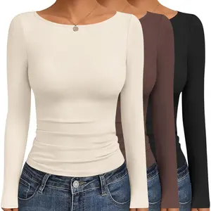 Women's Boat Neck Tops 3 Packs Long Sleeve Shirts Ruched Fall Fashion 2025 Outfits Basic Thermal Underscrubs