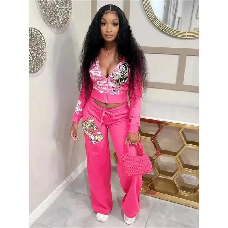 Spring 2 Two Piece Sets Casual Tracksuits Women Long Sleeve Zipper Crop Top+Baggy Pants Suits Club Rose Red Matching Outfits Can be used with a raincoat