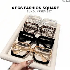 4 Pack Oversized Square Fashion Eyeglasses | Thick Frame Multi-Color Set - Unisex Daily Casual Eyewear
