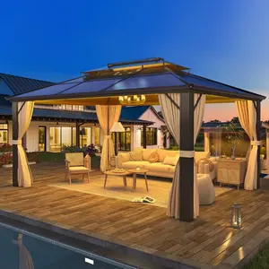 13'x10' Hardtop Gazebo, Polycarbonate Outdoor Gazebo with Aluminum Frame, Curtains & Netting for Garden & Patio