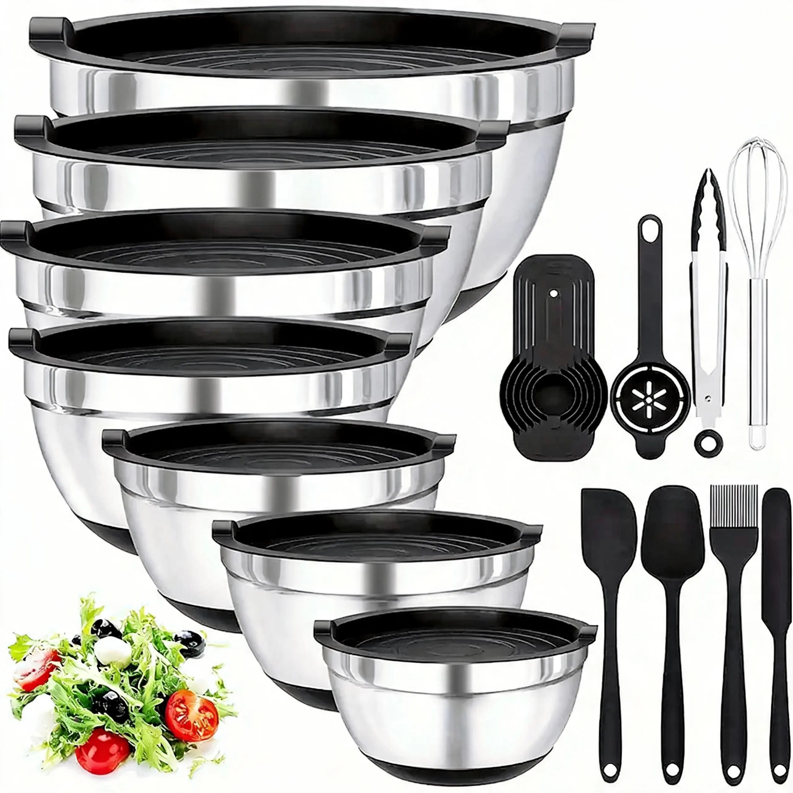 7-Piece Stainless Steel Mixing Bowl Set with Airtight Lids (Includes 3 Grating Attachments) — Stackable Salad Bowls with Capacities of 0.67, 1, 1.5, 2, and 4 Quarts. BPA-Free and Dishwasher Safe; Ideal for Kitchen Food Prep and Storage. summerwins