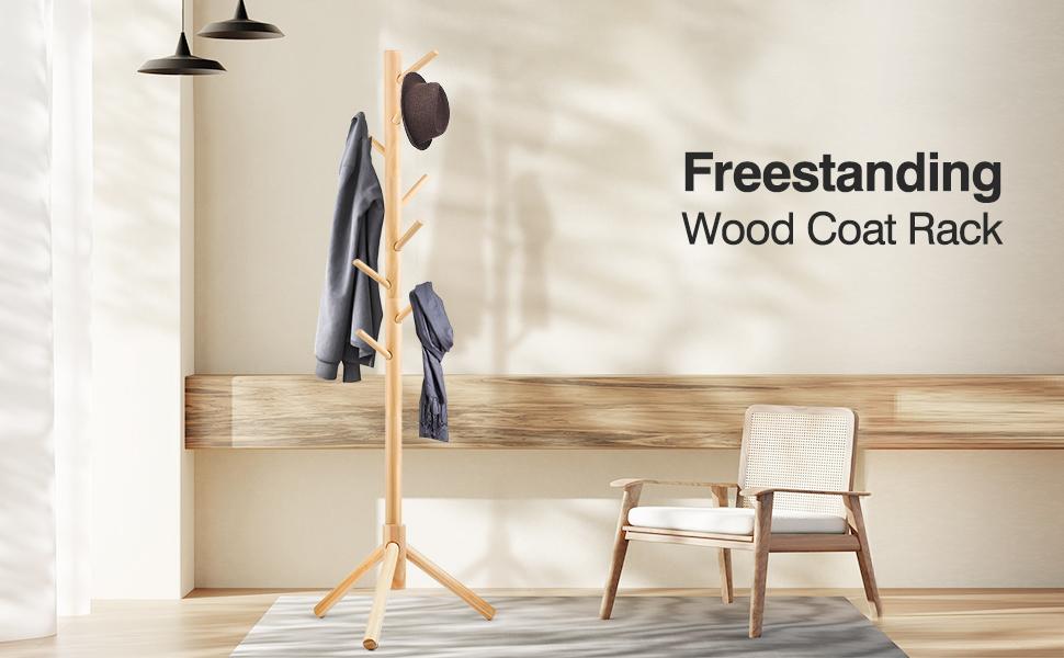 Wooden Coat Rack Stand with 8 Hooks New Zealand Pine 3 Adjustable Coat Standing Tree Easy Assembly for Coats, Hats, Scarves and Handbags for Entryway, Hallway, Bedroom, Office