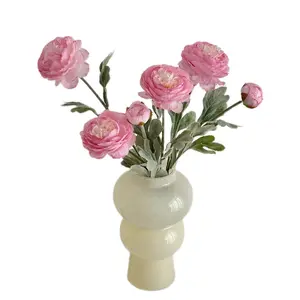 3 Heads Flocked Artificial Lotus Ranunculus Flowers, Fake Peony Floral Decor for Home Living Room & Window Display