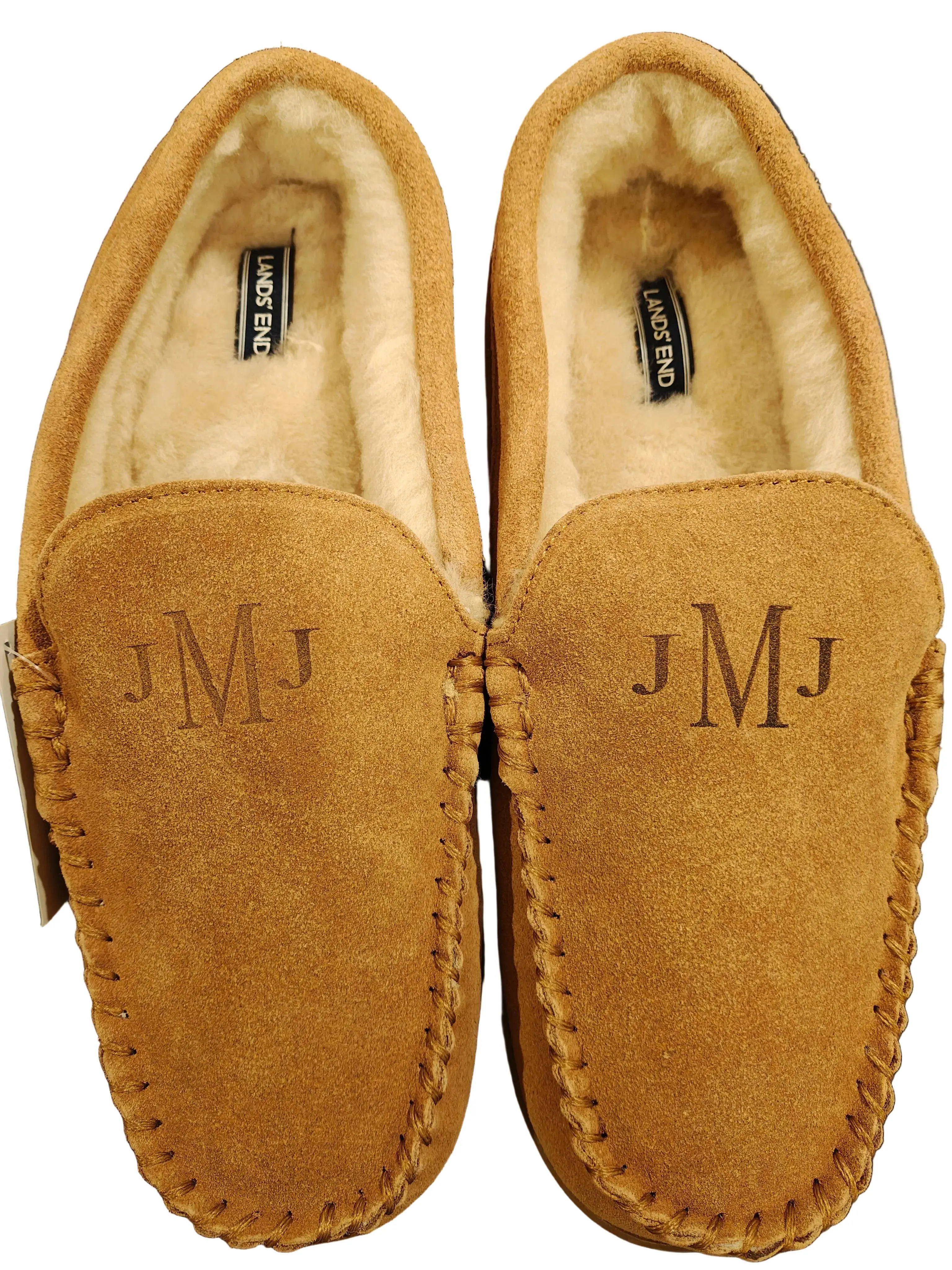 Men's Tan Suede Moccasin Slippers - Monogrammed JMJ, Soft Faux Fur Lined Closed-Toe Slip-On for Him, Rubberized TPR Cushioned Indoor-Outdoor Sole, Moc Stitch Detailing, for Relaxing Indoor Activities & Casual Chores, New Without Box, Perfect Gift for Him