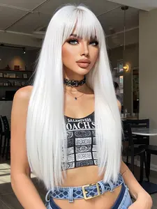24 Inch Long Straight White Wigs for Women, Gorgeous Fluffy Wigs with Blunt Bangs, Synthetic Full Machine Wigs for Party, Daily Use, Fashion Wig