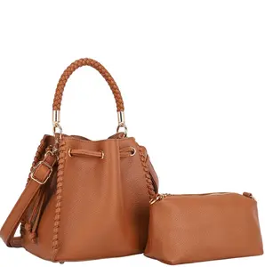 Satchel Bag with Zipper Pouch Set- Cognac