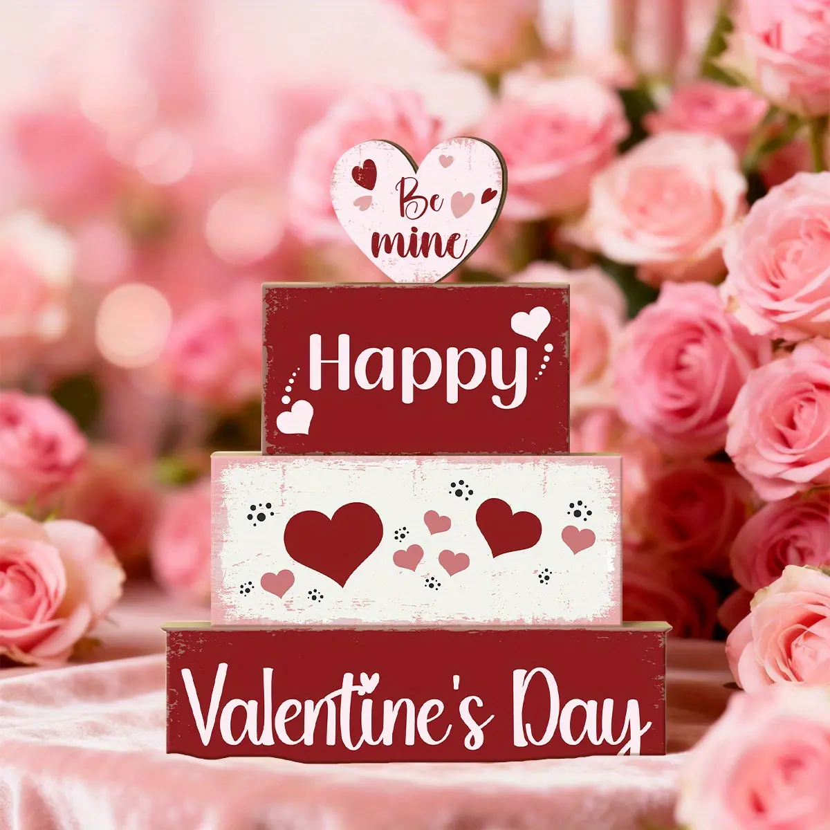 4 Pcs Valentine Decorative Sign & Plaque Happy Valentine Day Wooden Blocks with Hearts, Table Centerpiece, Tiered Tray Decor & Decorative Stacked Blocks for Coffee Table, Fireplace Mantel, Floating Shelf