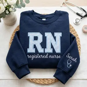 (Leave a note) Embroidered RN Nurse Applique Sweatshirt, Registered Nurse Tee, Gingham Nurse Shirt, Nurse Gift