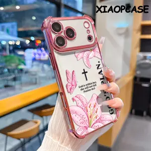 GOD'S PLAN.And pink lily butterflies pattern four-corner drop-proof soft TPU phone case iPhone 17 Pro Max Air 16 15 14 13 12 11 Plus Fashionable camera protection shockproof and drop-resistant durable phone case