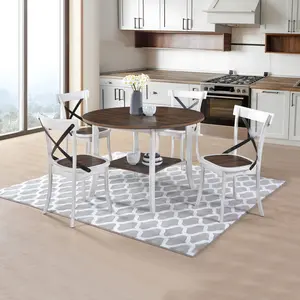 SAVEYOUR 5-Piece Round Vintage Dining Set - Antique White & Walnut 2-Tone Table with 4 X-Back Chairs, Space-Saving Indoor Furniture for Kitchen, Dining Room