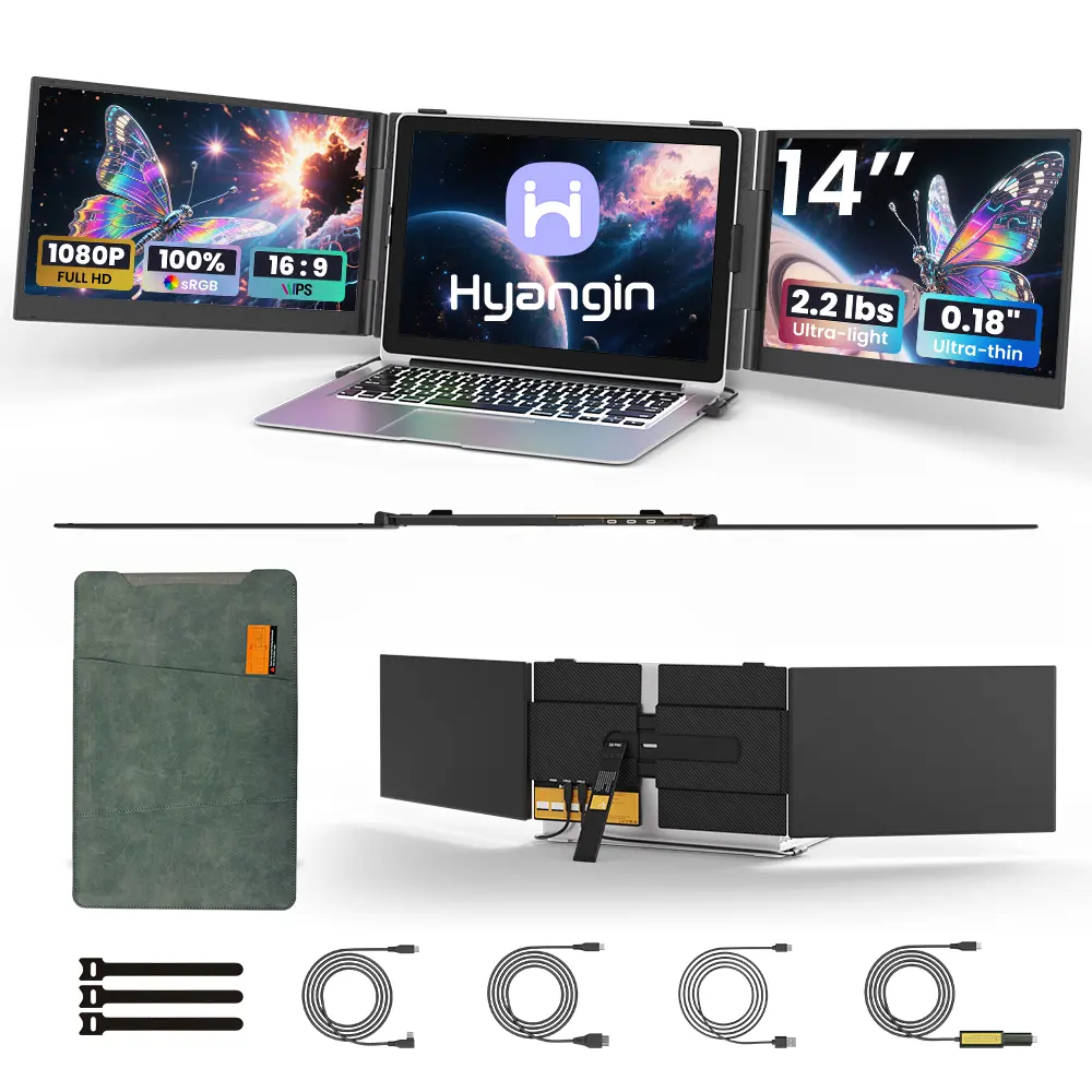 Hyangin 2025 Upgraded 14" Triple Laptop Screen Extender, Ultra-Thin 1080P FHD Displays for Laptop, Ultra-Light Triple Monitor for 13.3-17.3" Laptops, Compatible with Windows/Mac/Chrome OS and Mobile Devices
