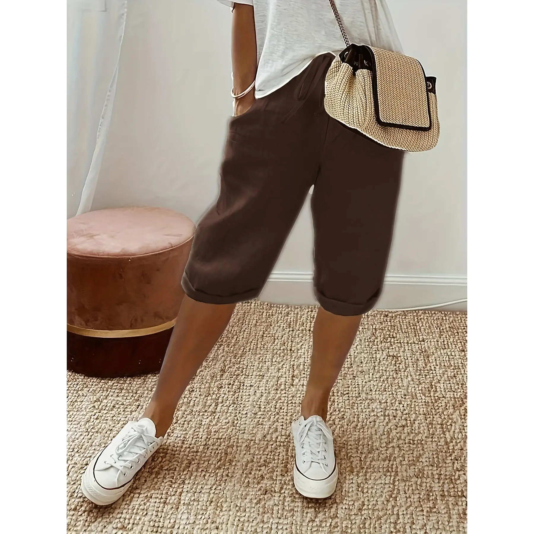 Women's Plus Size Casual Harem Pants - Baggy Cut Polyester Blend Bottoms with Elastic Waist, Slight Stretch, Pocketed Pants, Plus Size Clothes, 3Xl, Loose-Fitting, Machine Wash, 2Xl