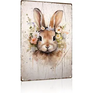 Vintage Wall Decor Welcome Rabbit Spring Easter Bunny Watercolor Holiday Valentines Day Metal Signs Wall Decor Backyard Garage Office Craft Room Decorative Sign