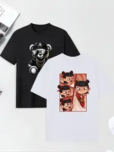 Trendy Collaboration 'bear & Nezha' T-Shirt Set, Eye-Catching Casual Wear, Anime Fans Daily, Fitted Crop Style
