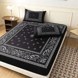 Boho Paisley Bohemian Printed Silky Satin Bedding Set, 3 Counts/set Including 1 Count Fitted Sheet & 2 Counts Pillowcase without Filler, Bedsheet Sets, Soft Comfortable Breathable Sheets Bedding Set for Home Bedroom, Bed Sheets Set