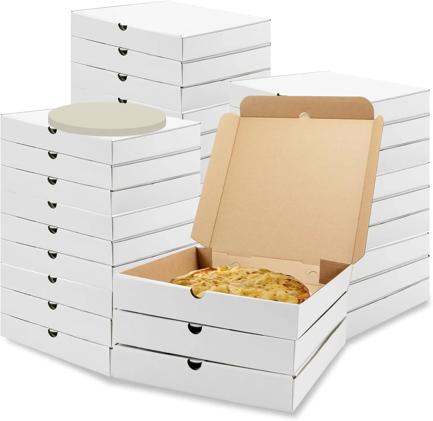 40 Pack Pizza Boxes with Paper Liner, Cardboard Mini Pizza Box | Corrugated Take out Food Containers for Party, Cookies, Cake, Wedding, Restaurant, 10 x 10 x 1.5 Inch (White)