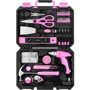 Pink 98 Piece Tool Set,General Household Hand Tool Kit with Plastic Toolbox Storage Case