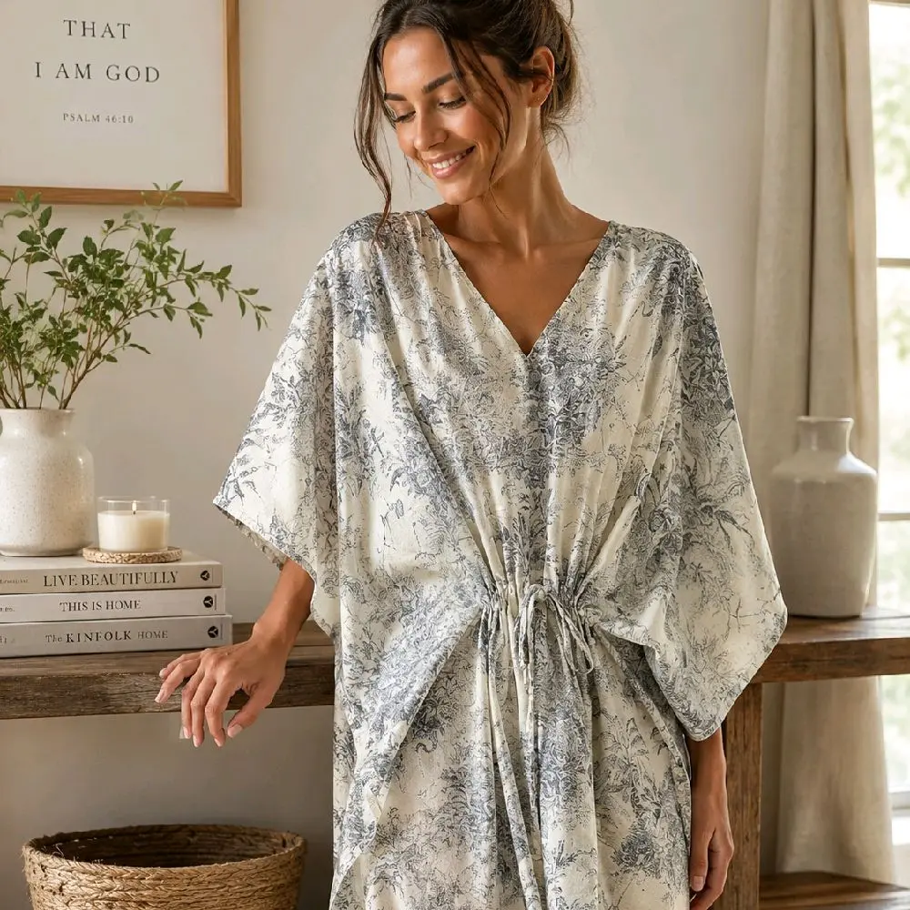 Organic Cotton Jungle Print Kaftan, One Size, Breathable, Lightweight, Vacation, Loungewear, Womens Summer Dress, Long Kaftan, Loose Fit, Waist Drawstring, Modest, Vacation, Resort, Church, Casual Womenswear