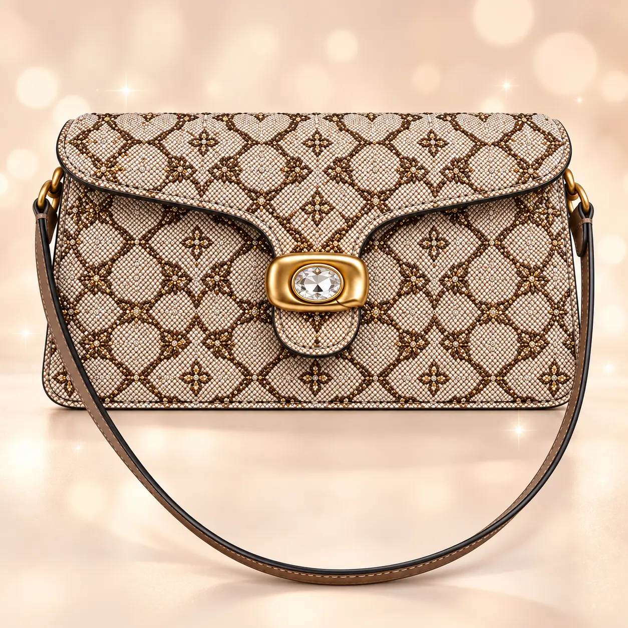 Elegant Brown & Beige Patterned Handbag with Gold Tone Clasp and Crystal Accent