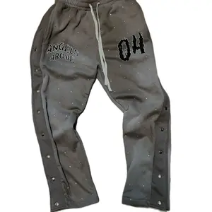 Angels Above Rhinestone Sweatpants With Buttons Grey And Black Fashionable Drawstring Pants For Stylish Wear Baggy Gradient Cotton streetwear Casual Comfy Loose Trouser Menswear