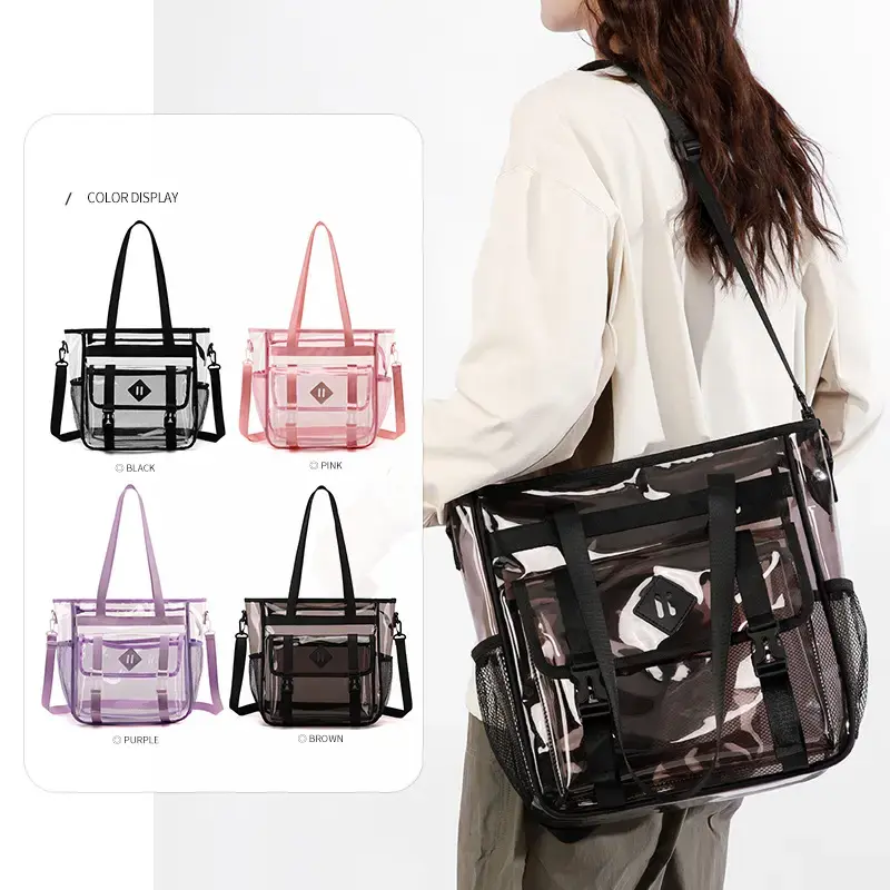 Trendy Large Clear Transparent Tote Bag, Stadium Security Approved PVC Handbag with Removable Shoulder Strap for Sports Beach Daily Use