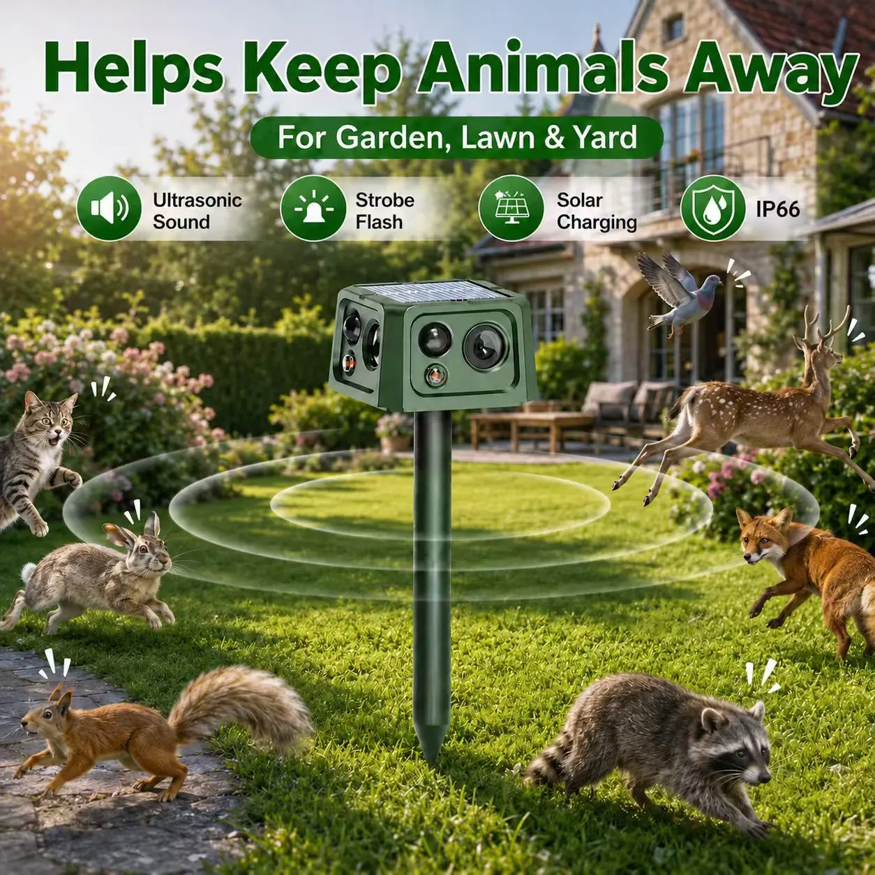 360° Solar Animal Repeller Outdoor, Motion Activated Ultrasonic Animal Deterrent with Flashing Lights & Alarm Sounds, Rechargeable Pest Repellent for Deer, Raccoon, Squirrel, Rabbit, Skunk, Yard Garden  Farm homeessentials