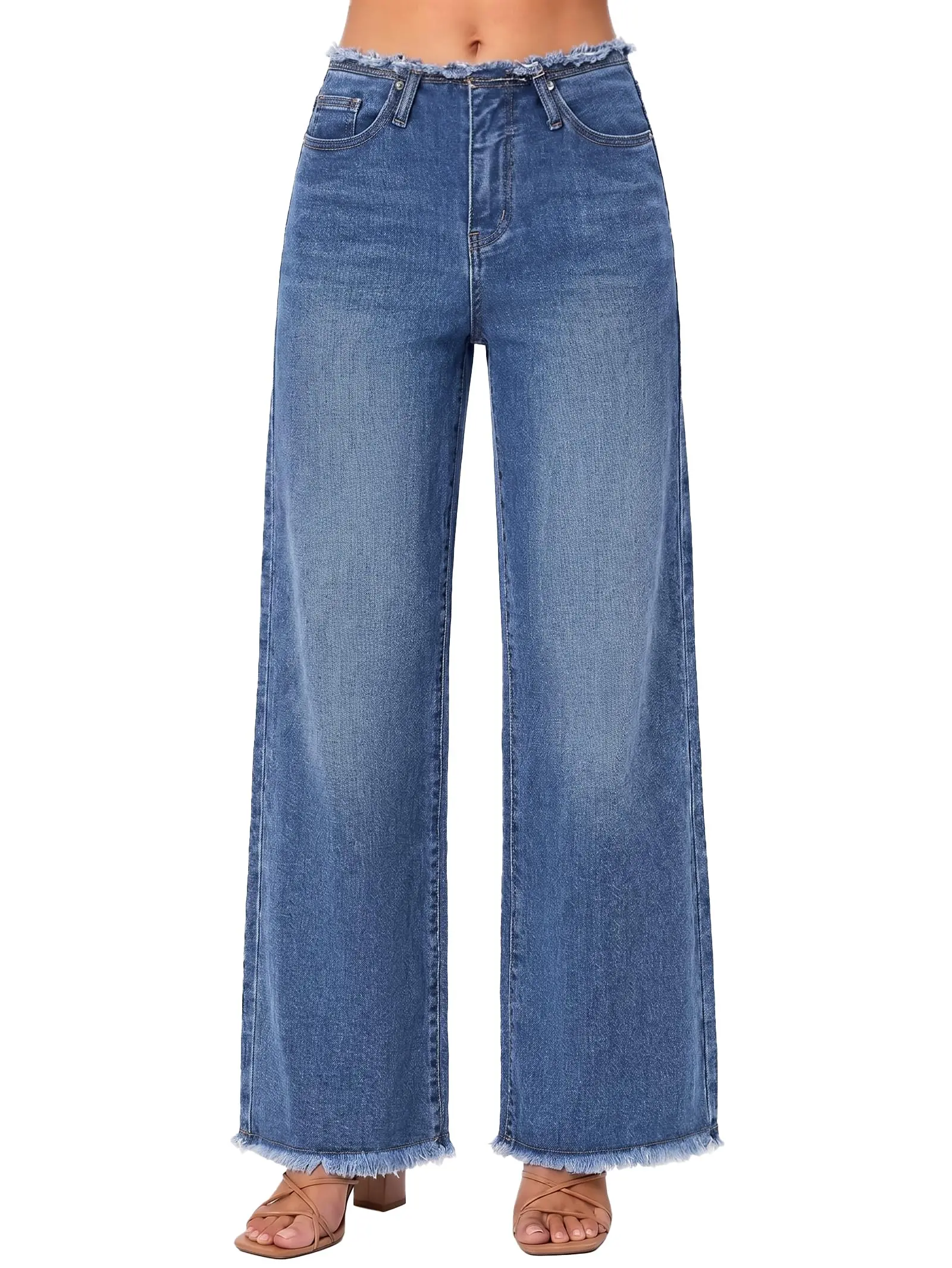 EMMIOL Women's 2026 Wide Leg Jeans Distress High Waist Stretchy Baggy Denim Pants Trousers Clothing