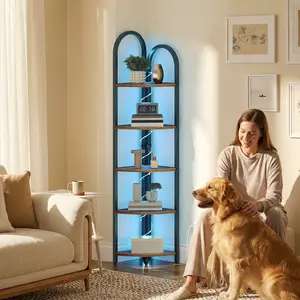 MAHANCRIS 5-Tier Corner Shelf with LED Light, 64.6'' Arched Corner Bookshelf, Narrow Storage Shelf with Metal Frame, for Living Room, Bedroom, Small Spaces, Rustic Brown and Black