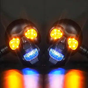 2 Skull Head Motorcycle Turn Signals, Dual Color Scooter Front Rear Lights, 12V Blue Driving Lamps