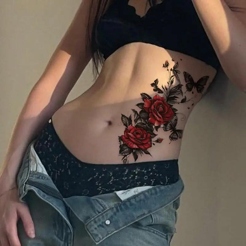 12pcs Temporary Red Rose Tattoo Stickers, Suitable For Arm And Leg Fake Tattoos, Waterproof And Sweat-Proof, Easy To Use, Dancer Chest And Thigh Designs, Very Suitable For Women's Temporary Fake Tattoos